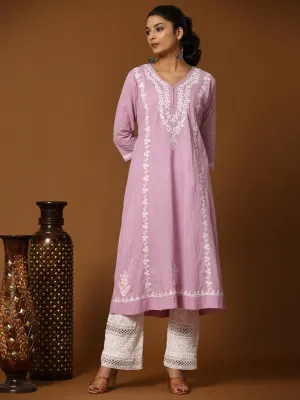 HOK Chikankari Anarkali Kurti for Women - Lavender