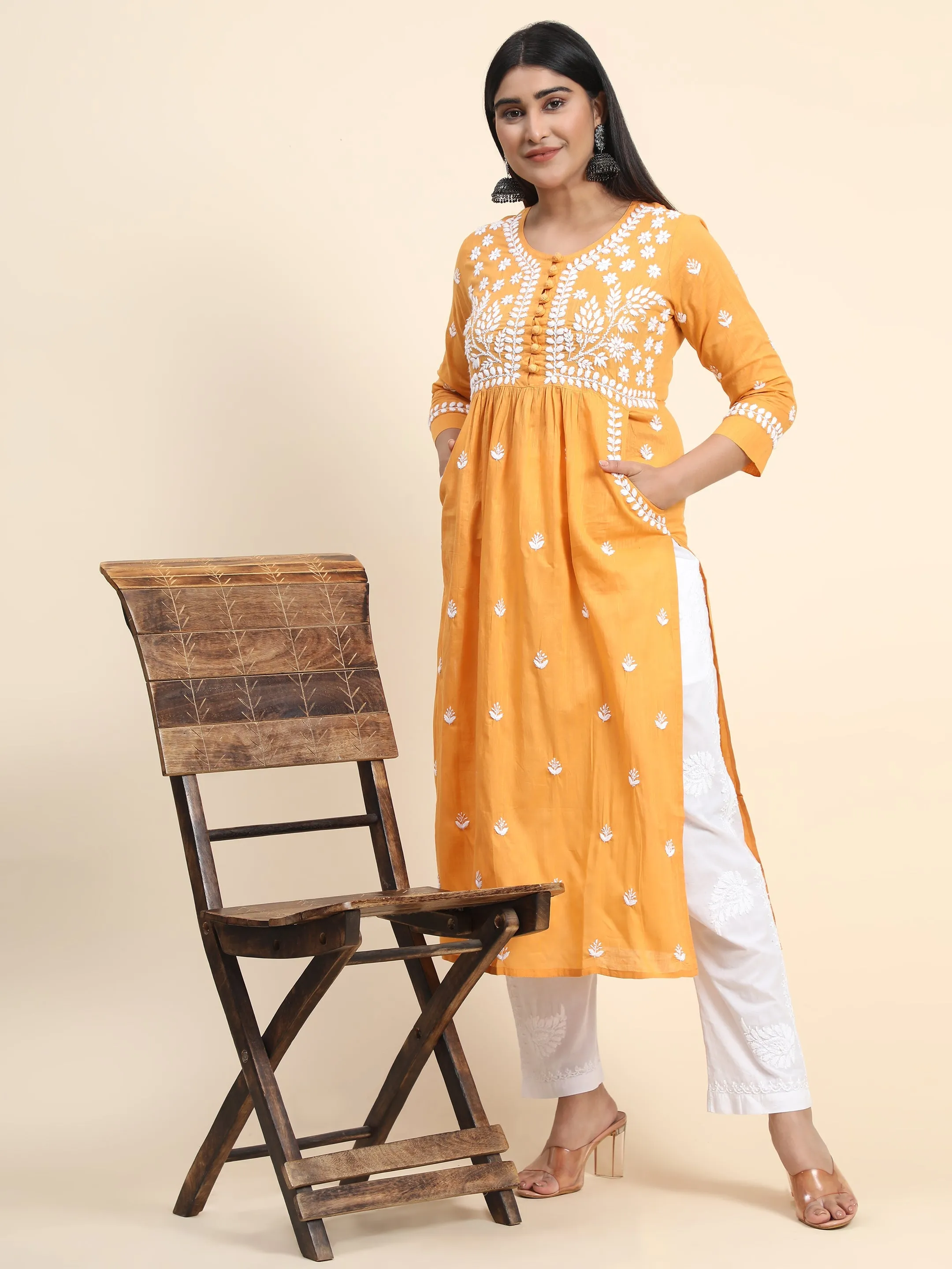 HOK Chikankari Kurti for Women With Pocket  - Mustard