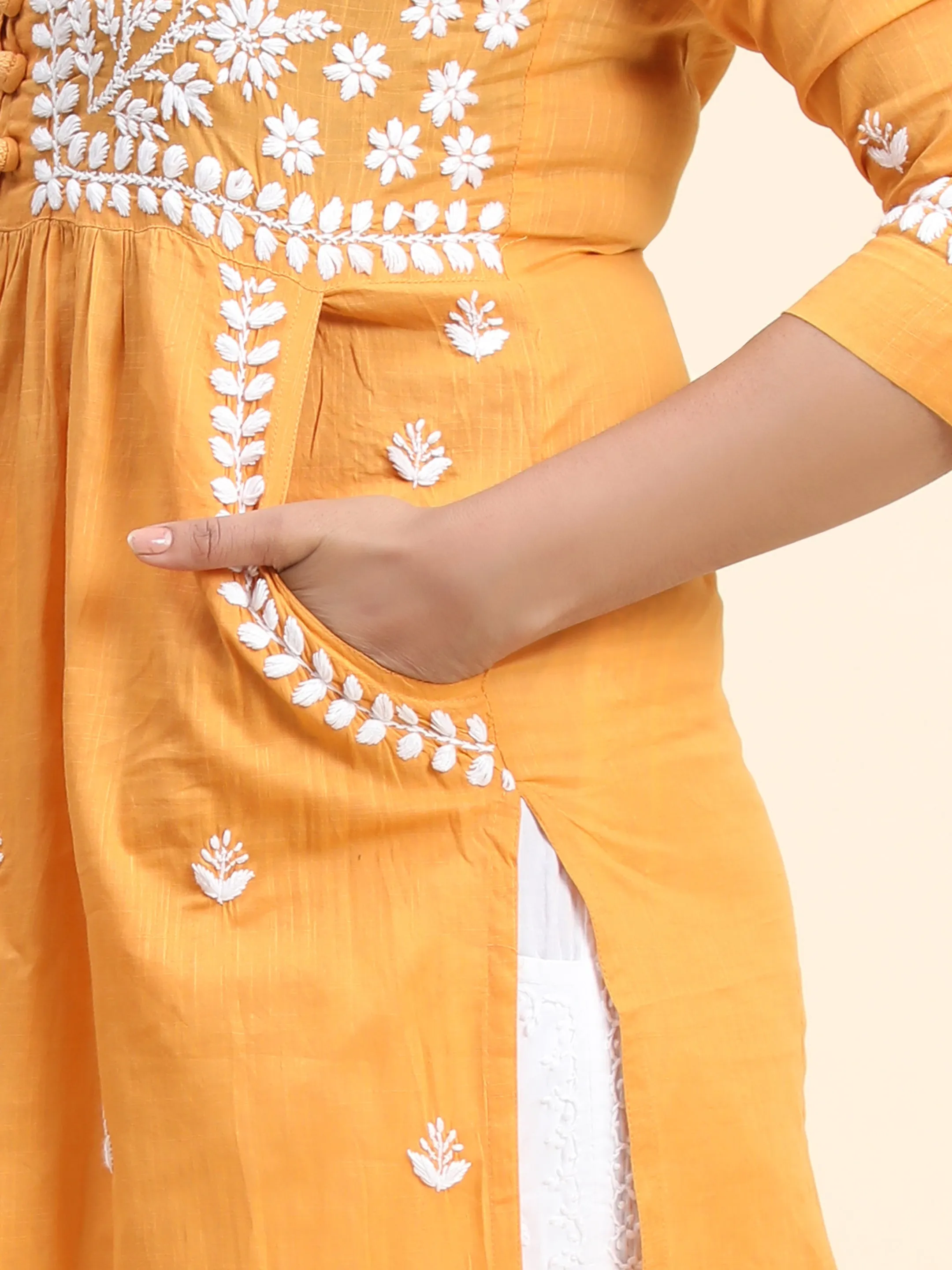 HOK Chikankari Kurti for Women With Pocket  - Mustard