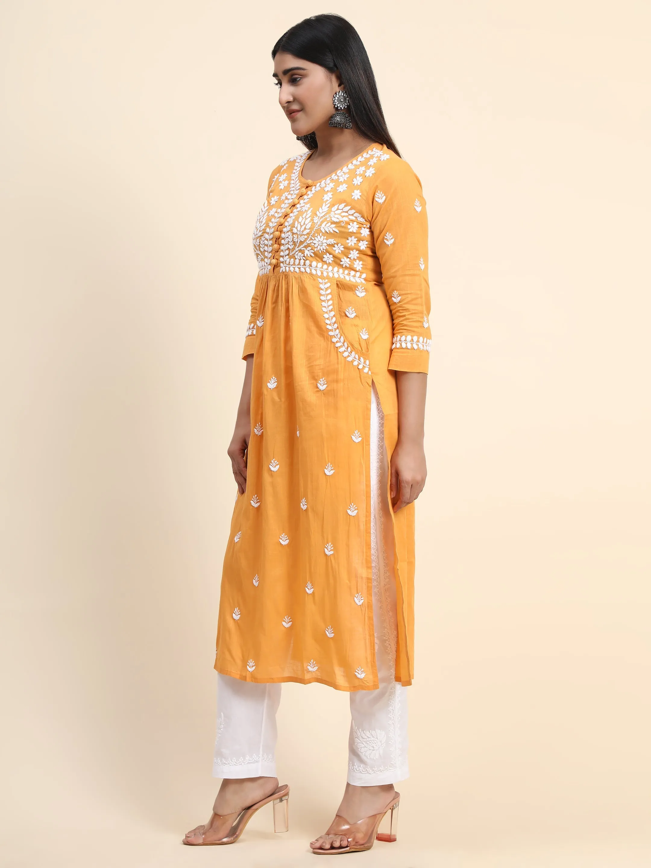 HOK Chikankari Kurti for Women With Pocket  - Mustard