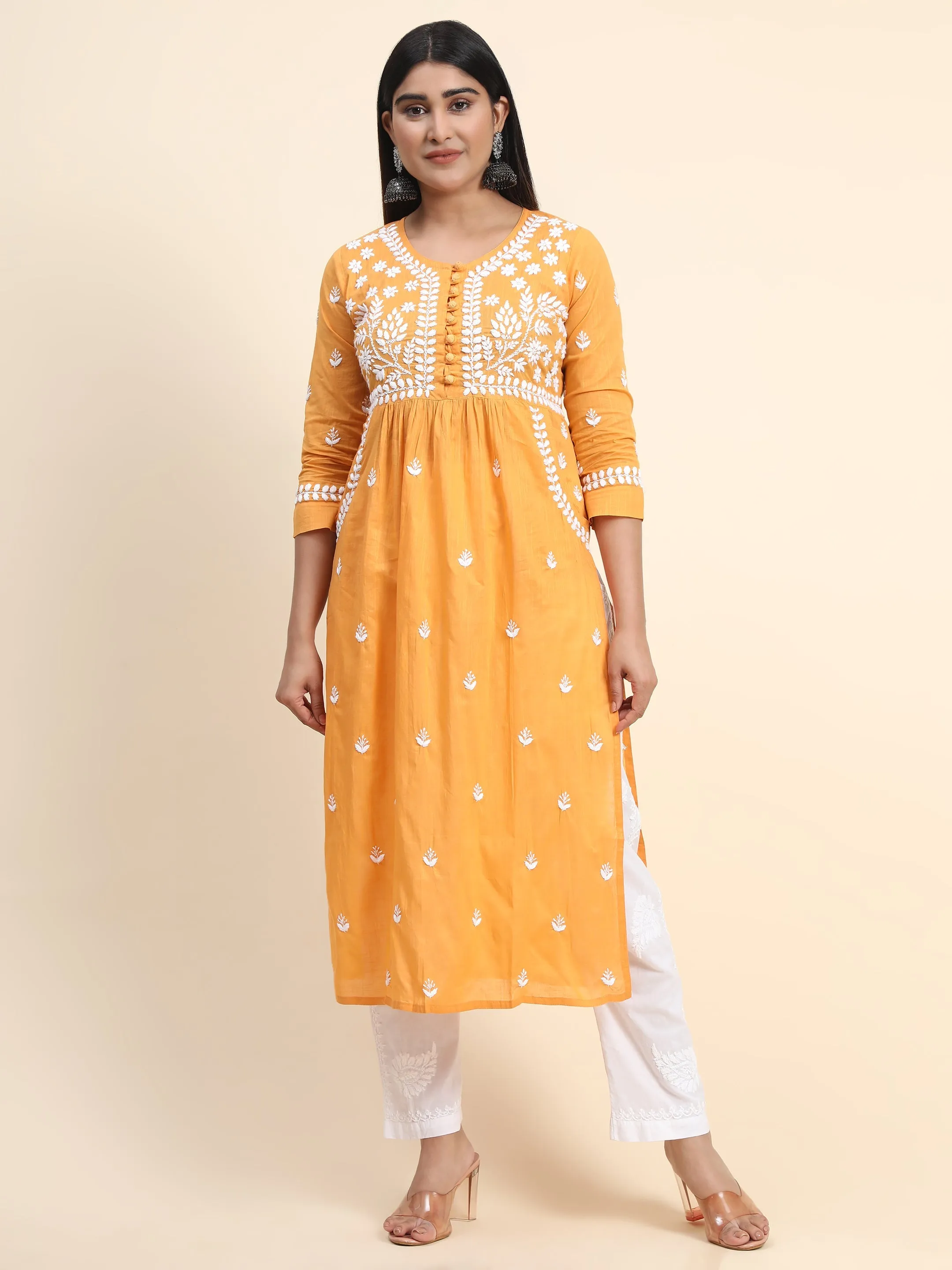 HOK Chikankari Kurti for Women With Pocket  - Mustard