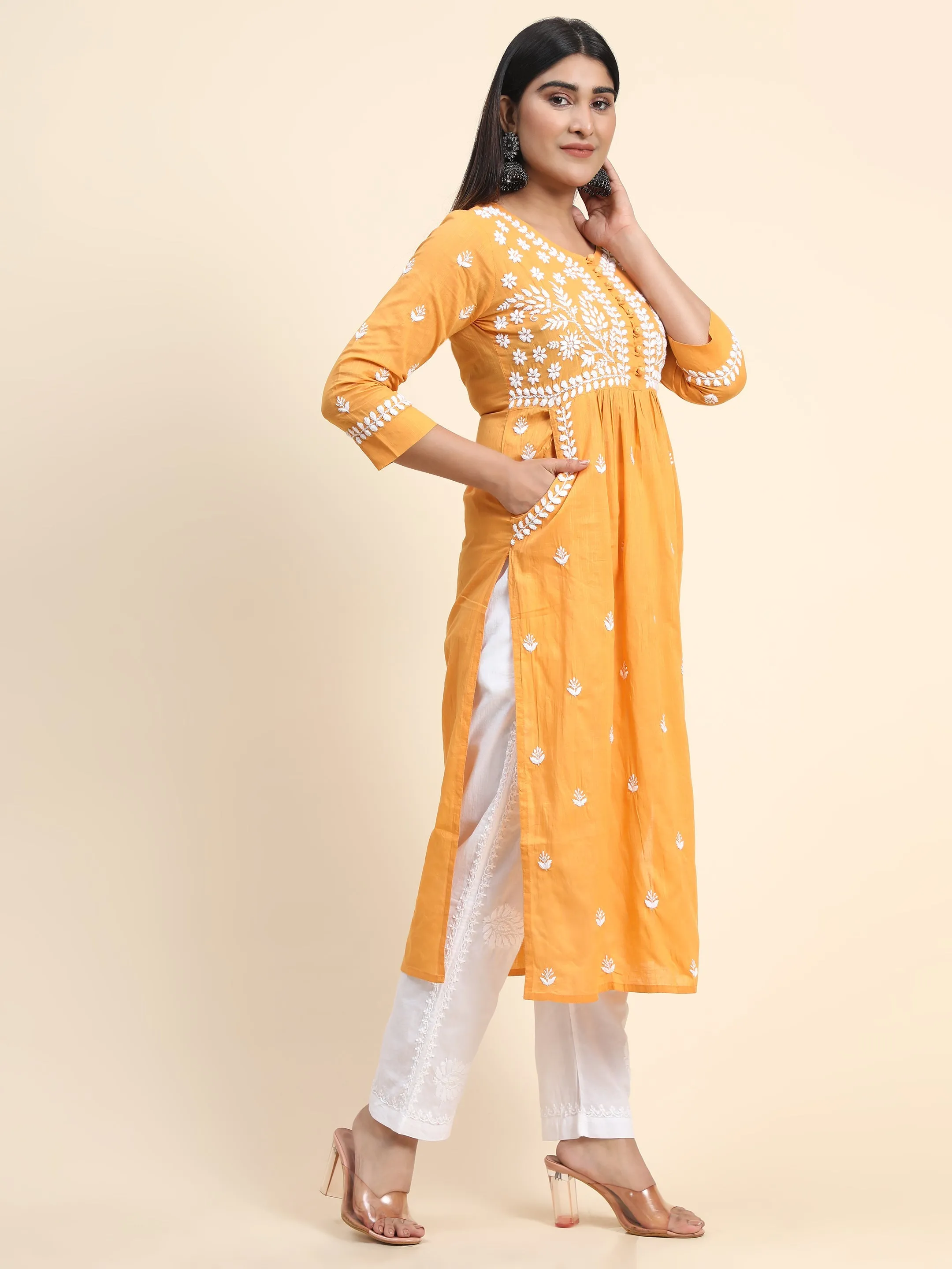 HOK Chikankari Kurti for Women With Pocket  - Mustard