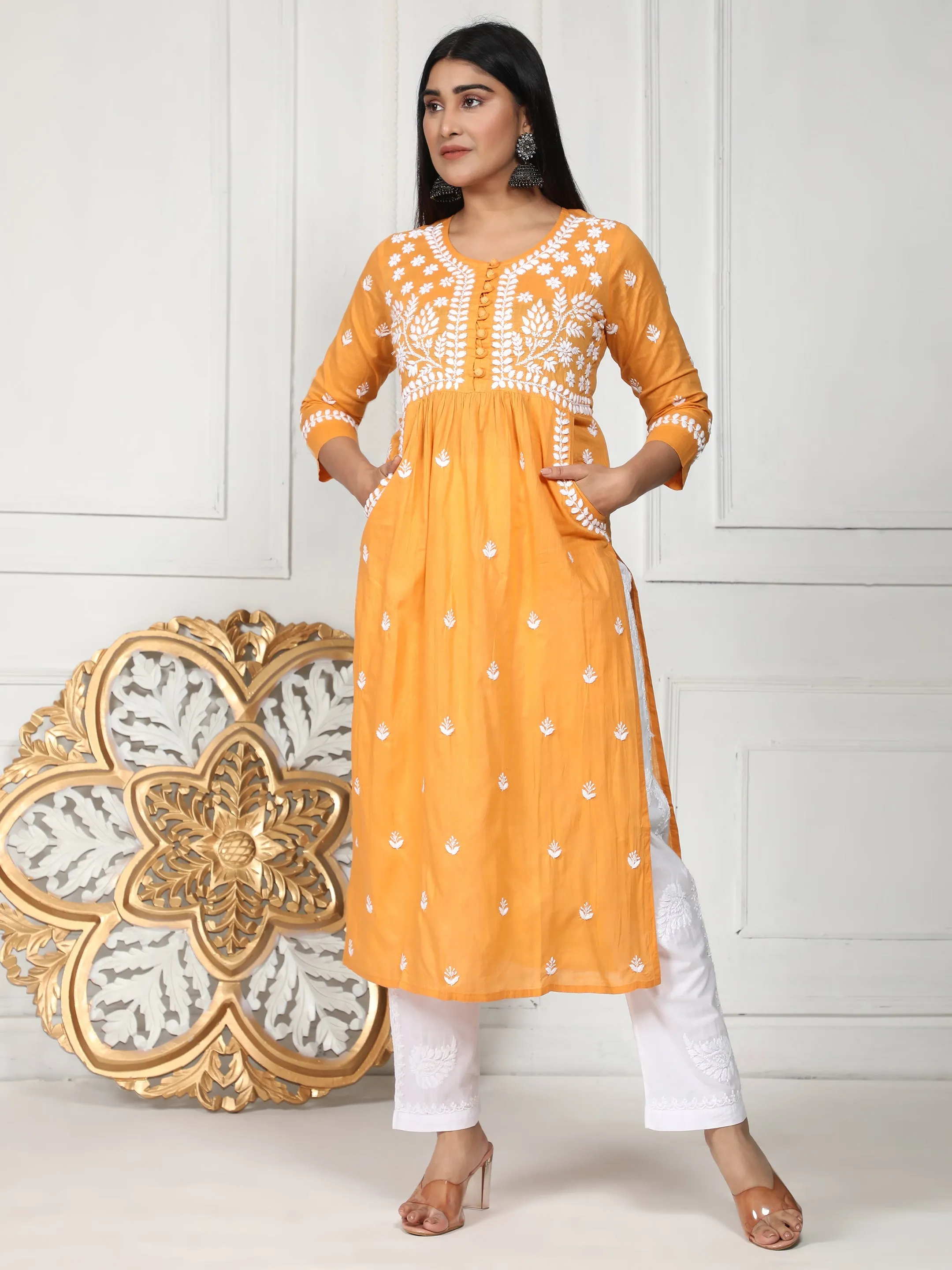 HOK Chikankari Kurti for Women With Pocket  - Mustard