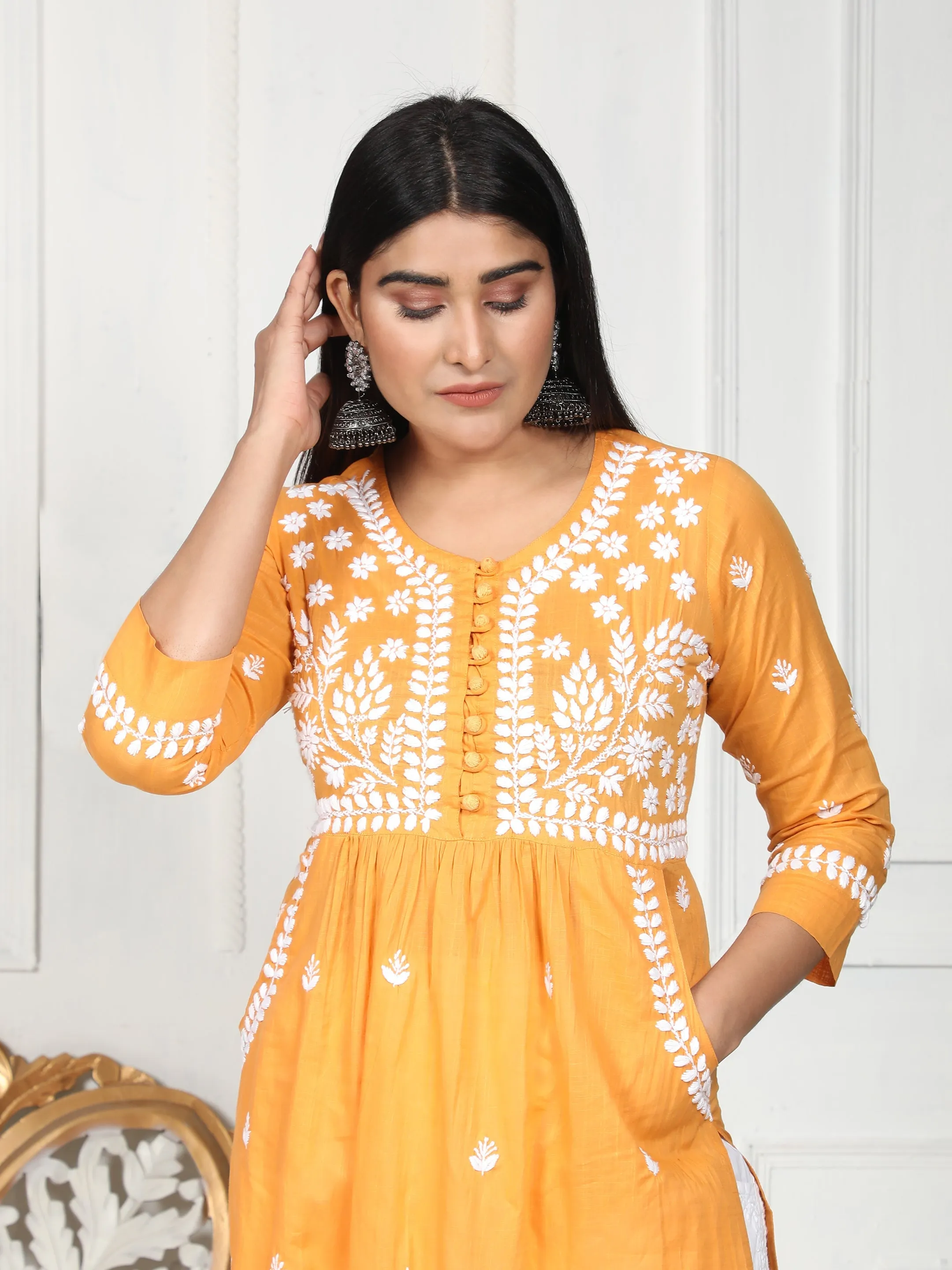 HOK Chikankari Kurti for Women With Pocket  - Mustard