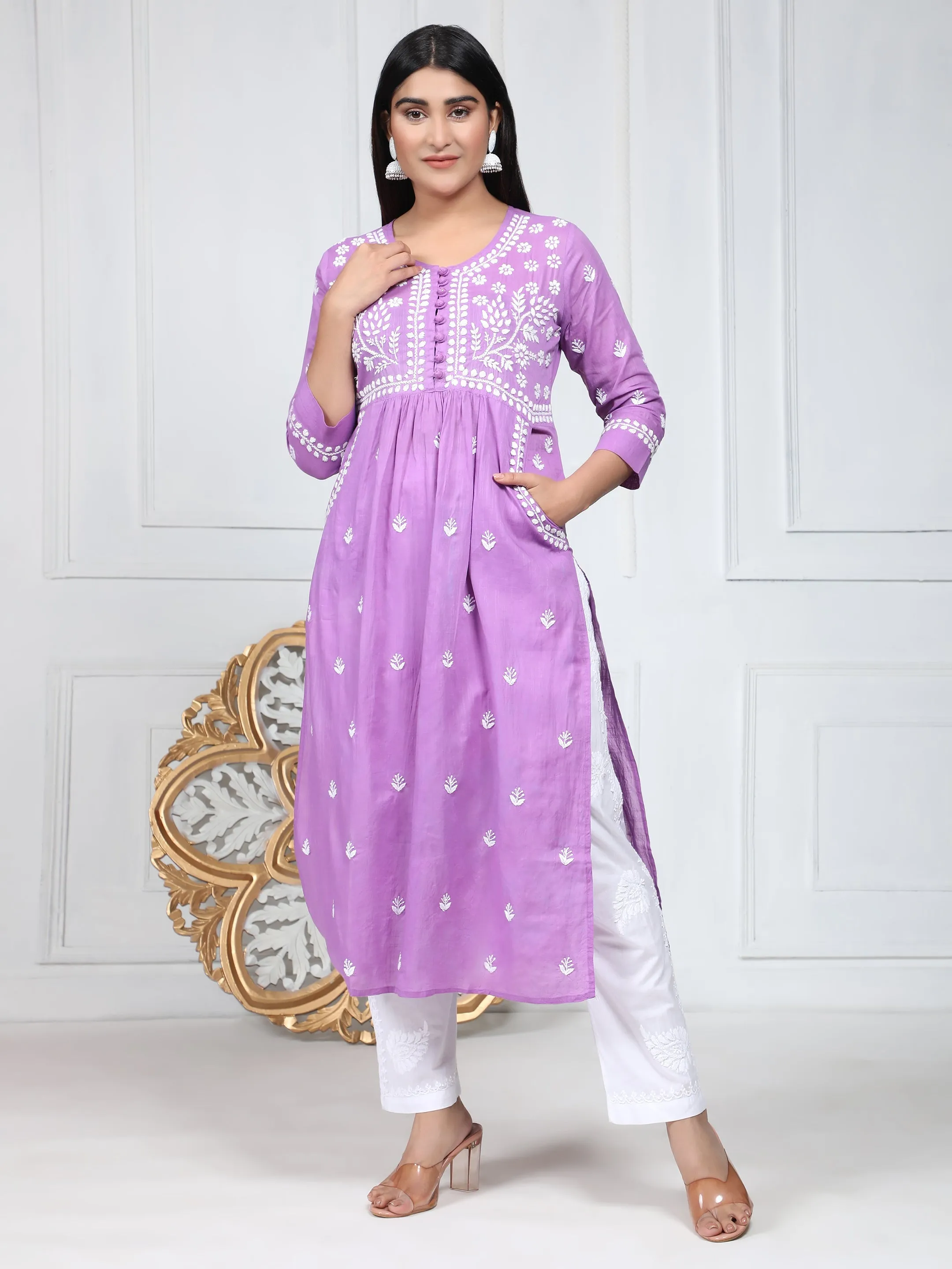 HOK Chikankari Kurti for Women With Pocket  - Purple