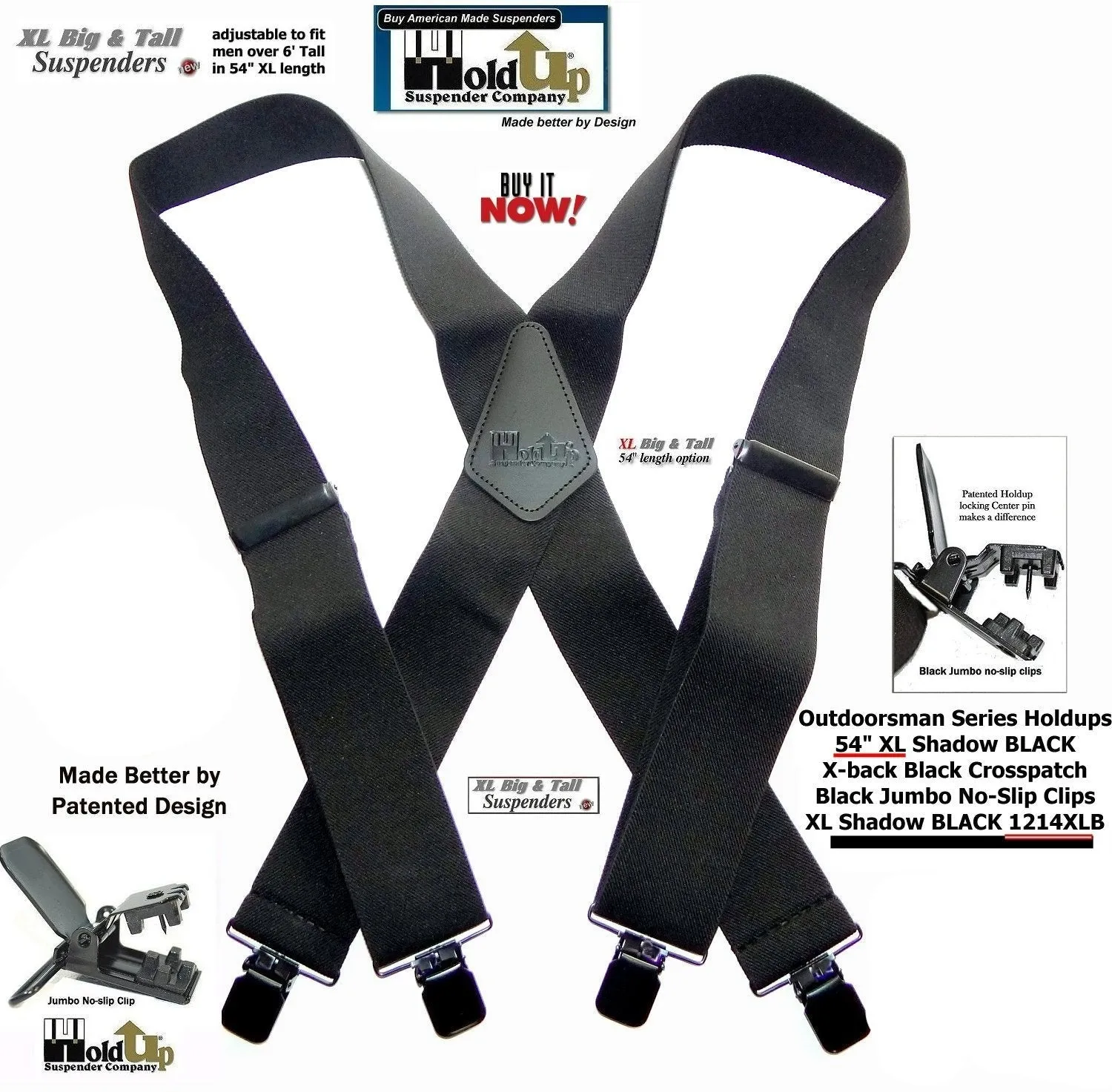 Hold-Ups Outdoorsman Series Shadow Black in longer XL length in a 2 inch wide Work Suspenders with Jumbo Black no-slip clips