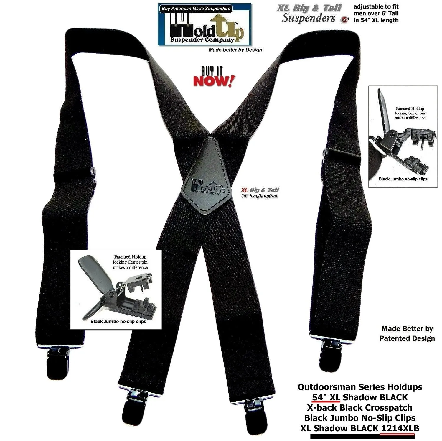 Hold-Ups Outdoorsman Series Shadow Black in longer XL length in a 2 inch wide Work Suspenders with Jumbo Black no-slip clips