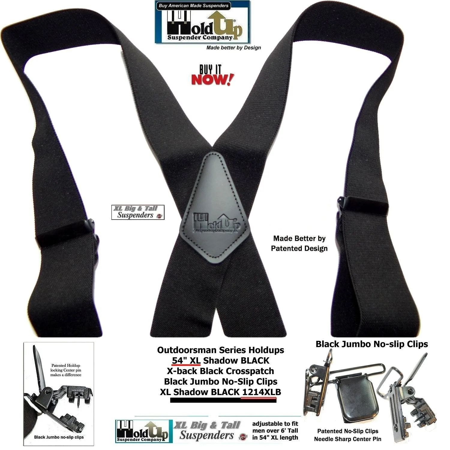 Hold-Ups Outdoorsman Series Shadow Black in longer XL length in a 2 inch wide Work Suspenders with Jumbo Black no-slip clips