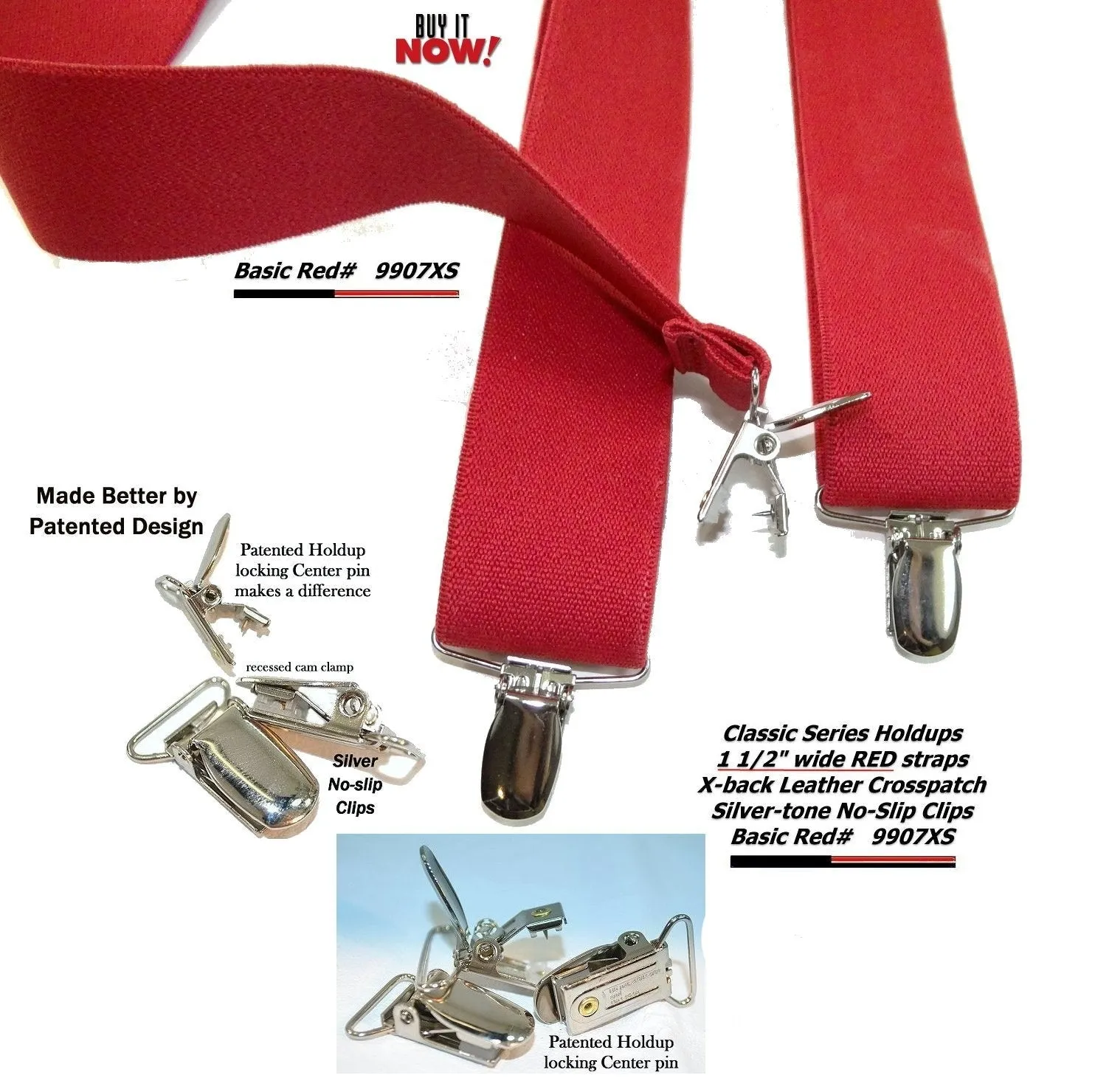 Holdup Bright RED Classic X-back Suspenders with USA Patented Silver-tone No-slip clips