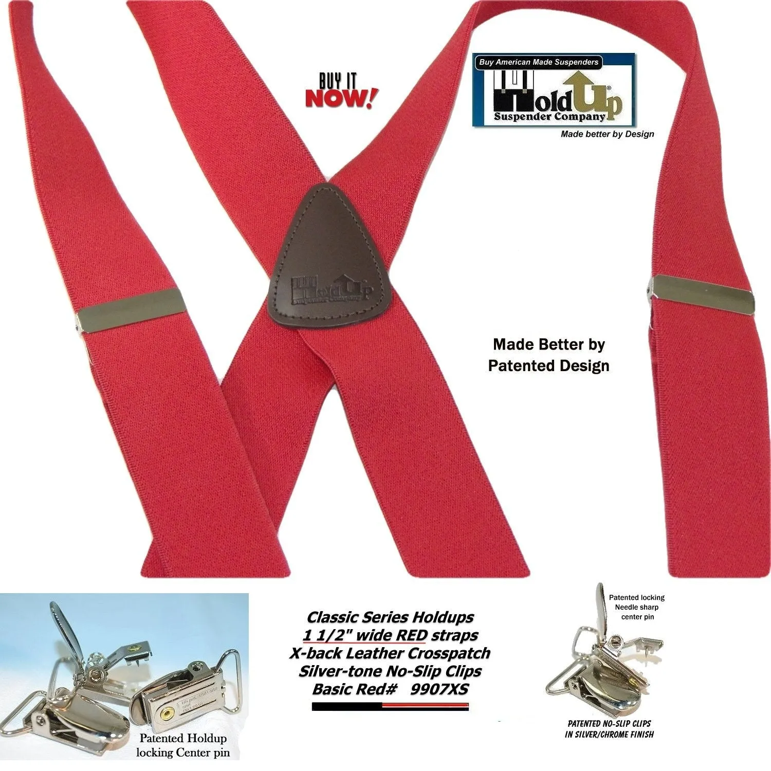 Holdup Bright RED Classic X-back Suspenders with USA Patented Silver-tone No-slip clips