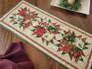 Holiday Bear Paw Quilted Table Runner | Christmas Poinsettia Quilt with Holly and Cardinals