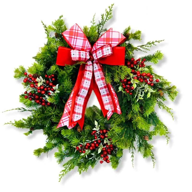 Holiday Berry Pine Wreath – Red Bow Christmas Door Decor