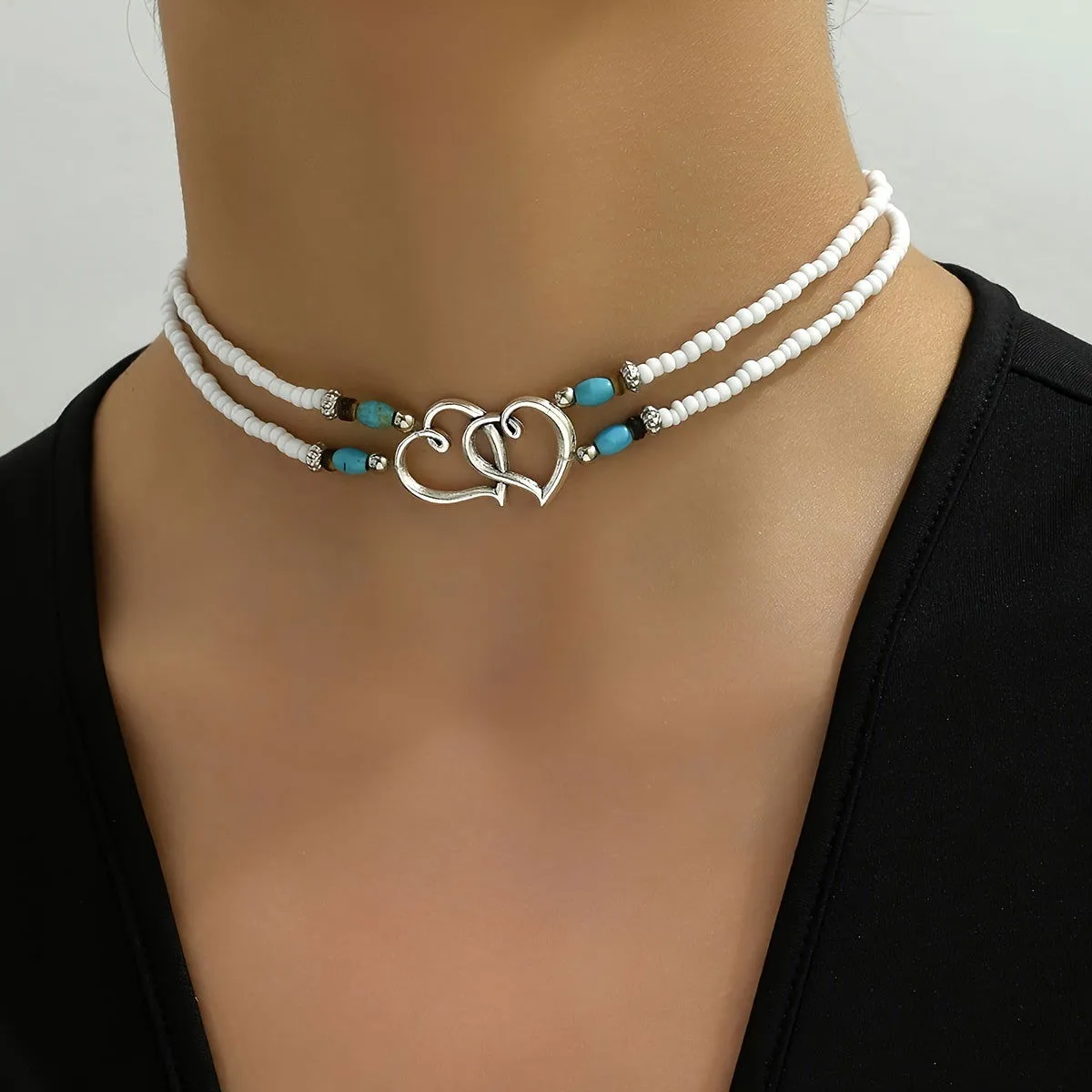 Hollow Heart Pendant Double Layer Beads Choker Necklace