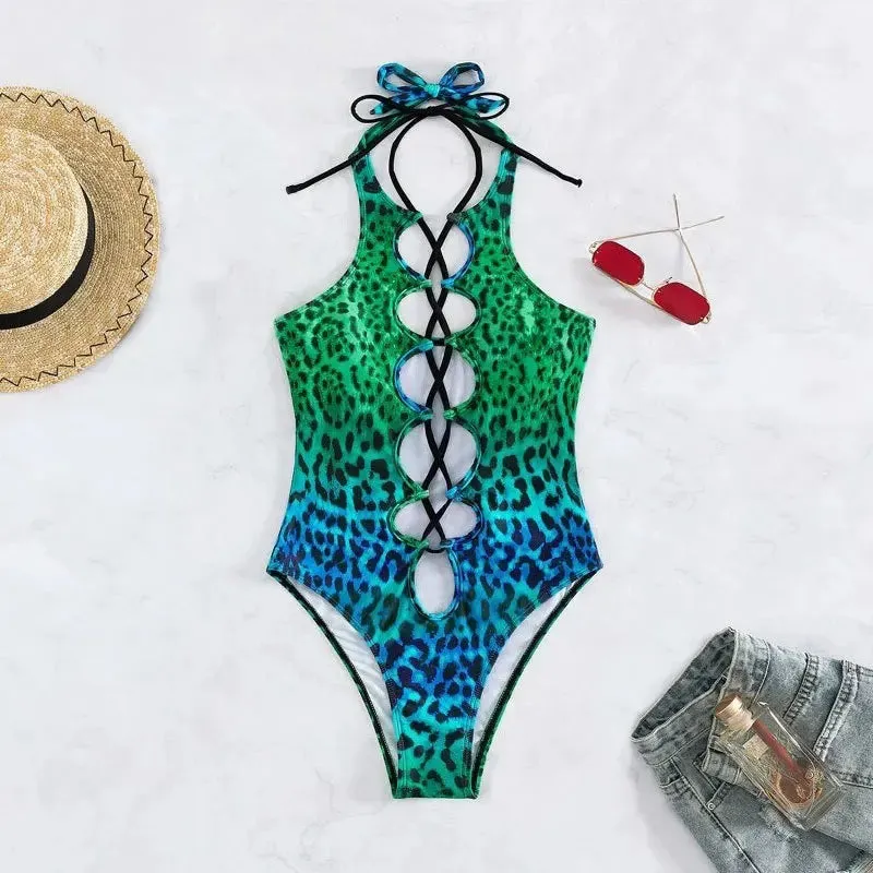 Hollow Out Swimwear Women's High Neck Solid Black Cut Out Backless Monokini Bandage Bathing Suit Holiday One Piece Swimsuit