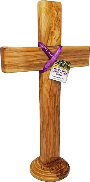 Holy Land 15" Genuine Olive Wood Standing Cross, for Tabletop, Desk or Altar Table, Hand Made in Biblical Ephesus