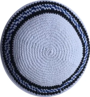 Holy Land Market White/Black and Royal Blue Lines 17cm DMC 100% Knitted Cotton Kippah Jewish