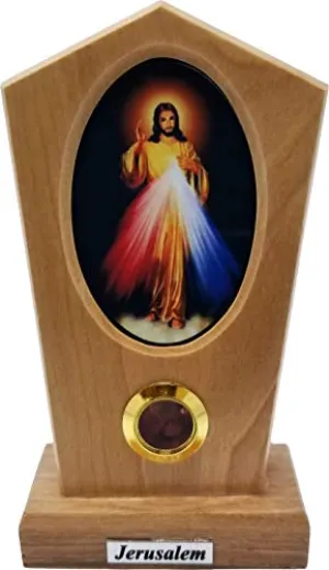 Holy Land Olive Wood Standing Wooden Plaque from Israel, with Full Color Center Portrait of The Divine Mercy of Jesus, Traditional Devotional Prayer Icon