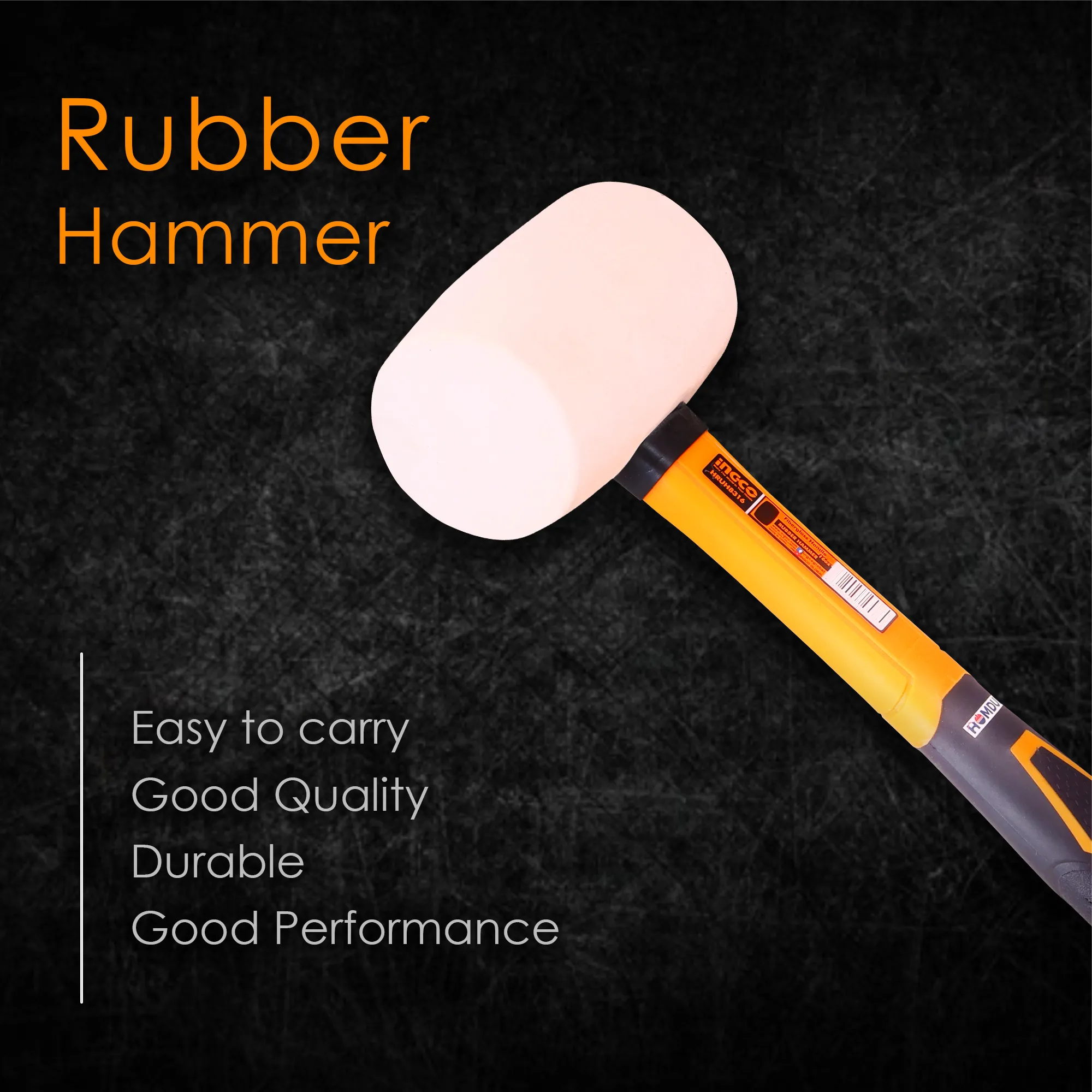 Homdum Professional Rubber Mallet Hammer INGCO HRUH8316 with Comfortable Grip Non-Slip Fiberglass Handle Soft Face Hammer for Tiles and Other Work 450g White rubber head