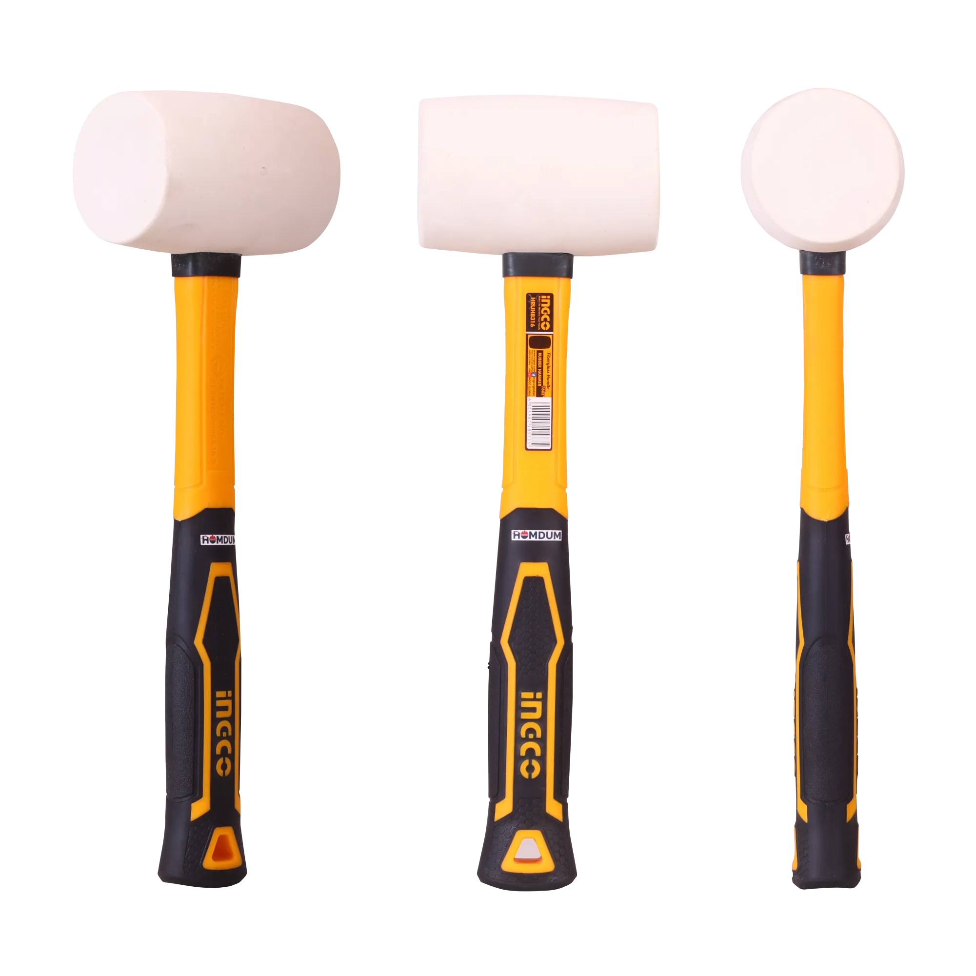 Homdum Professional Rubber Mallet Hammer INGCO HRUH8316 with Comfortable Grip Non-Slip Fiberglass Handle Soft Face Hammer for Tiles and Other Work 450g White rubber head