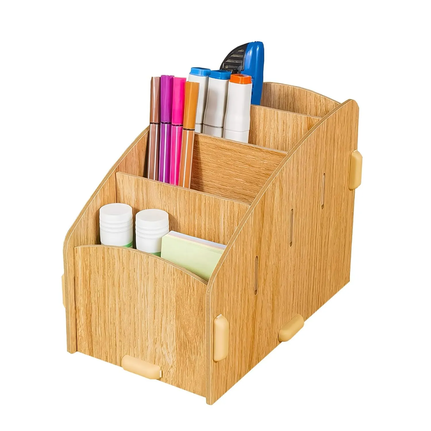 Homestic 4 Compartment Pen Stand for Office | MDF Wood Rack | Aesthetic Stationery Stand For Office Table Accessories | Burlywood | 11.8x18.7x14.2cm