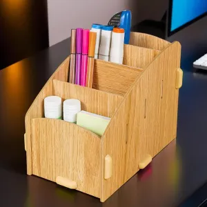 Homestic 4 Compartment Pen Stand for Office | MDF Wood Rack | Aesthetic Stationery Stand For Office Table Accessories | Burlywood | 11.8x18.7x14.2cm