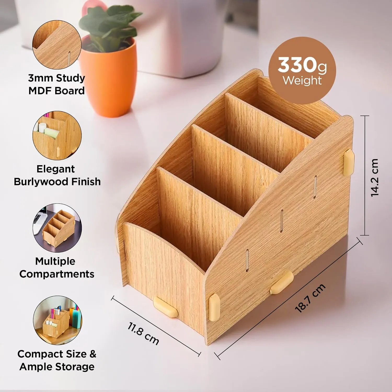 Homestic 4 Compartment Pen Stand for Office | MDF Wood Rack | Aesthetic Stationery Stand For Office Table Accessories | Burlywood | 11.8x18.7x14.2cm