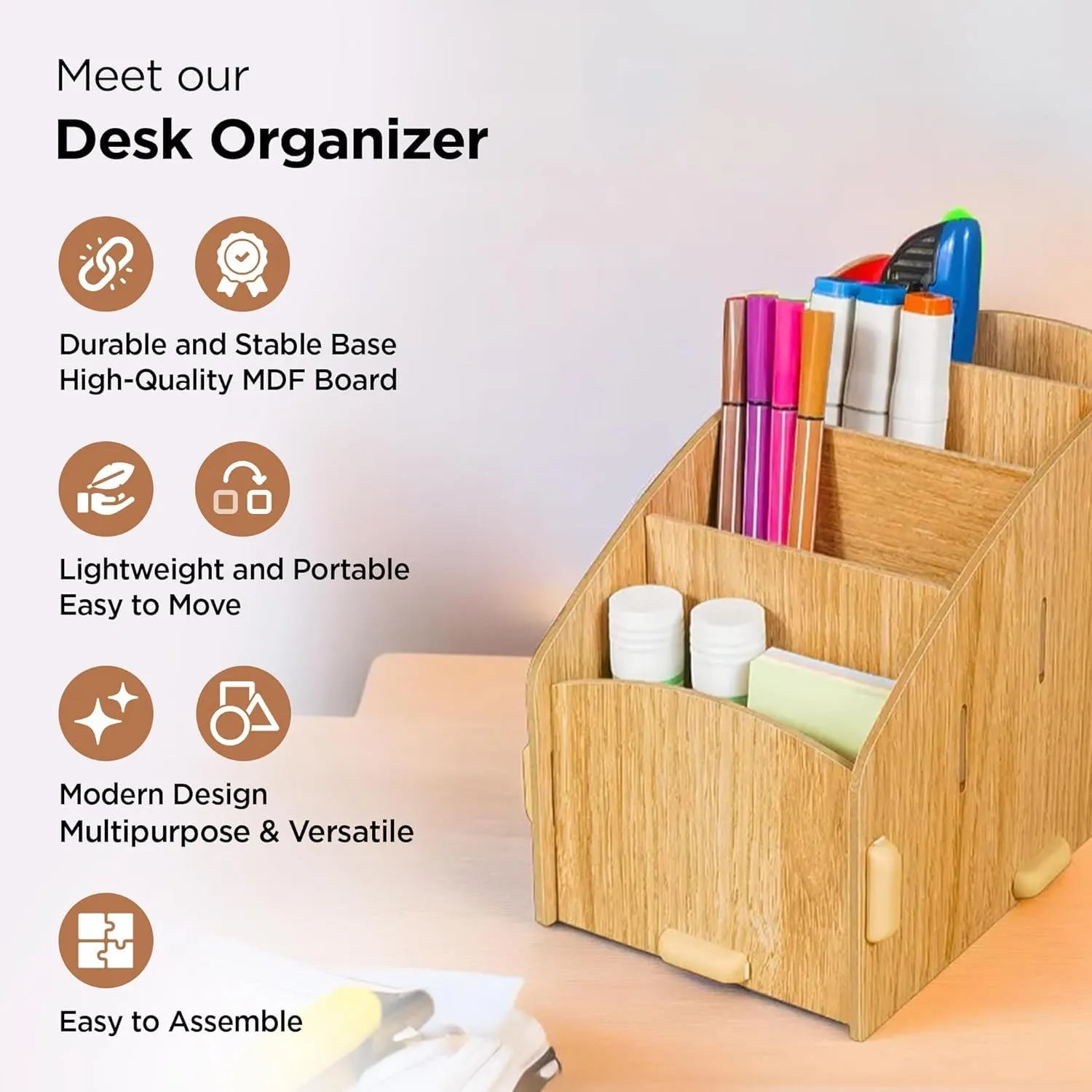 Homestic 4 Compartment Pen Stand for Office | MDF Wood Rack | Aesthetic Stationery Stand For Office Table Accessories | Burlywood | 11.8x18.7x14.2cm