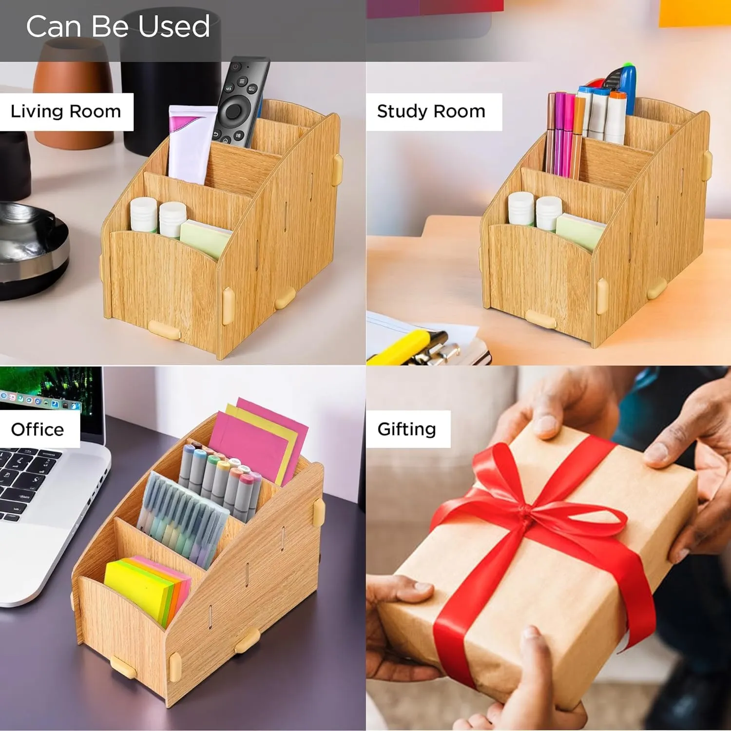 Homestic 4 Compartment Pen Stand for Office | MDF Wood Rack | Aesthetic Stationery Stand For Office Table Accessories | Burlywood | 11.8x18.7x14.2cm