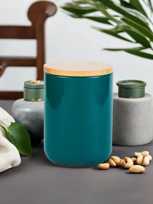 Homestic 800ml Ceramic Jar for Kitchen Storage | Air Tight Container Set with Bamboo Lid | Kitchen Container for Snacks, Tea, Sugar | Multipurpose Organizer | Teal | Pack of 2