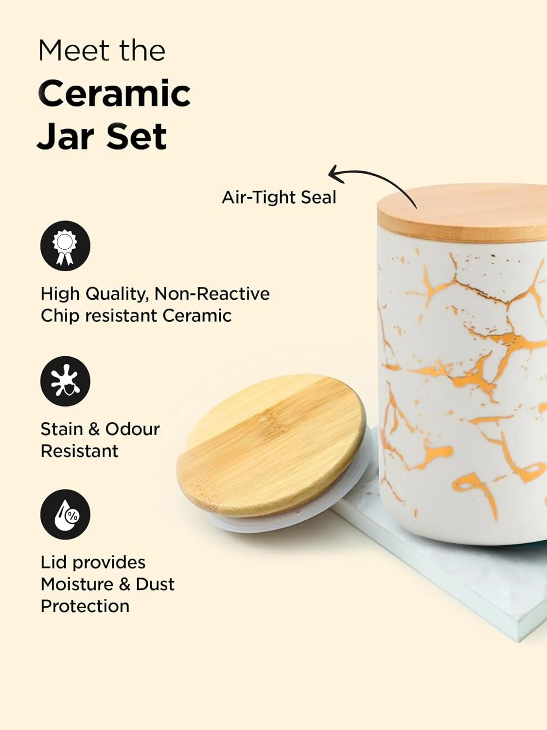 Homestic 800ml Ceramic Jar for Kitchen Storage | Air Tight Container Set with Bamboo Lid | Kitchen Container for Snacks, Tea, Sugar | Multipurpose Organizer | White (Pack of 2)