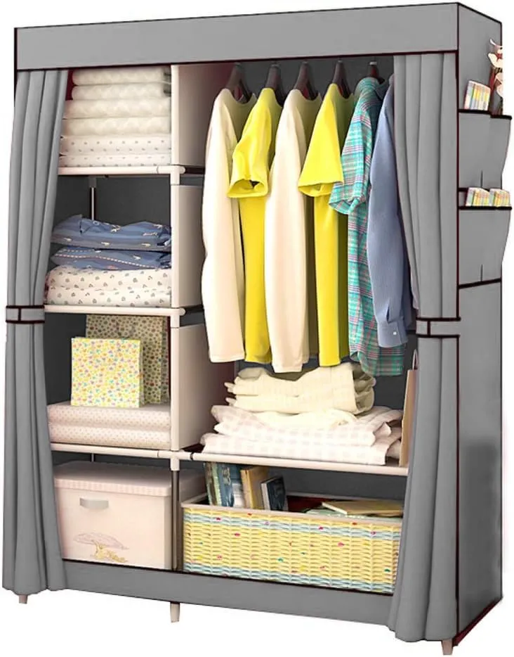 Homestic Foldable Wardrobe for Clothes|Non Woven 2 Door Portable Clothes Rack|4 Shelves Almirah for Clothes (Grey)