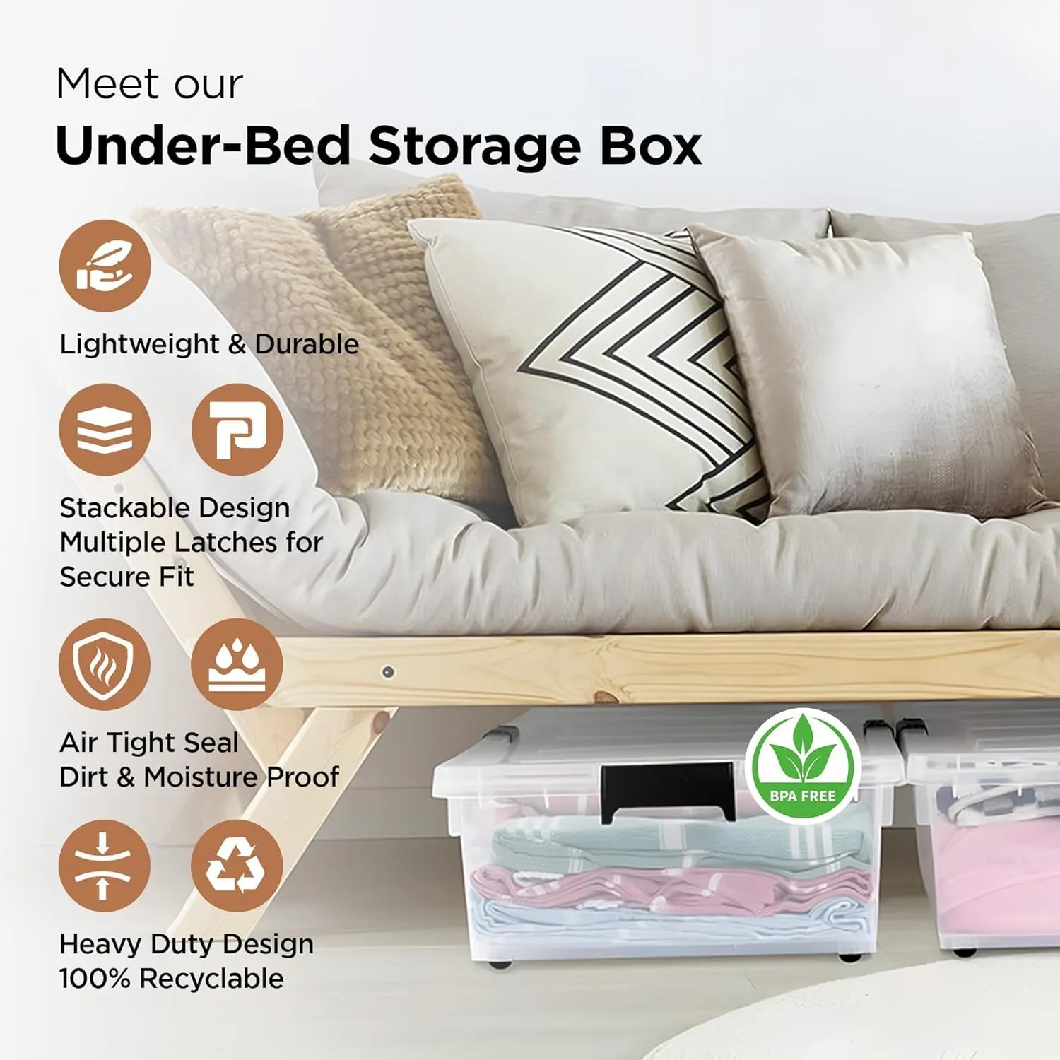 Homestic Large Capacity Underbed Storage Box with Lids and Wheels | Dustproof & Stackable | Rectangular Storage Box | Multipurpose Organizer for Clothes/Toys (49L)