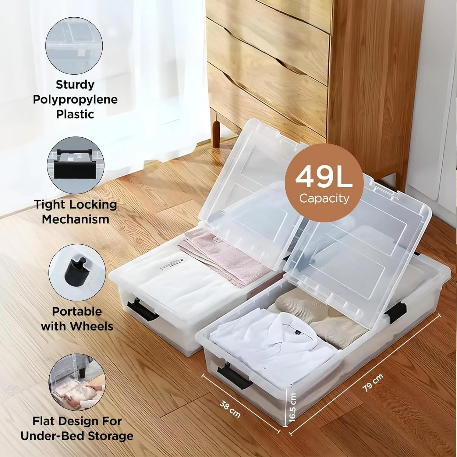 Homestic Large Capacity Underbed Storage Box with Lids and Wheels | Dustproof & Stackable | Rectangular Storage Box | Multipurpose Organizer for Clothes/Toys (49L)