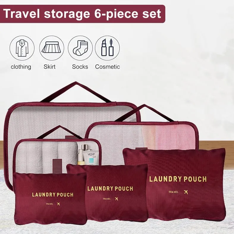 Homestic Pack of 6 Travel Luggage Bag | Toiletry Bag for Jewellery-Watches-Bracelets | Multi-Purpose Storage Bag with Handle | Travel Utility Storage Pouches | LYN16-MRO | Maroon