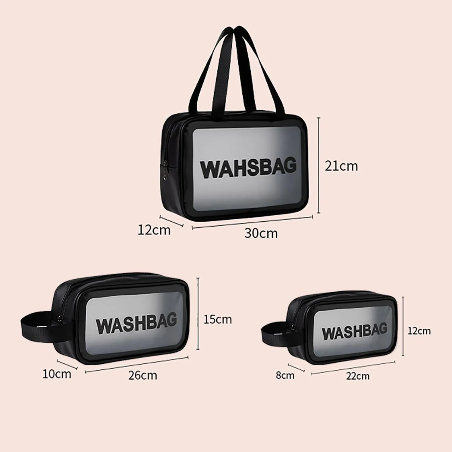 Homestic Set of 3 Toiletry Bag | Travel Storage Carry Pouch | Waterproof Cosmetic Bags | Portable Carry Pouch for Men-Women | Transparent Wash Bag with Handle | ZH020BK | Black