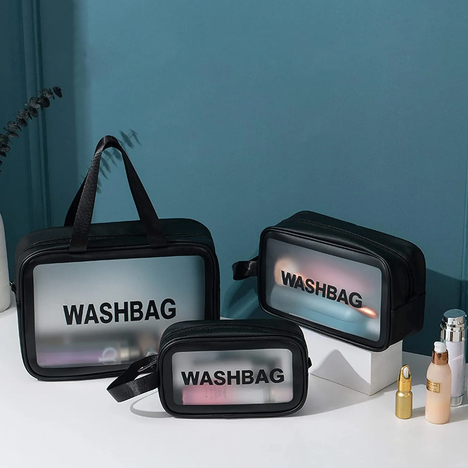 Homestic Set of 3 Toiletry Bag | Travel Storage Carry Pouch | Waterproof Cosmetic Bags | Portable Carry Pouch for Men-Women | Transparent Wash Bag with Handle | ZH020BK | Black