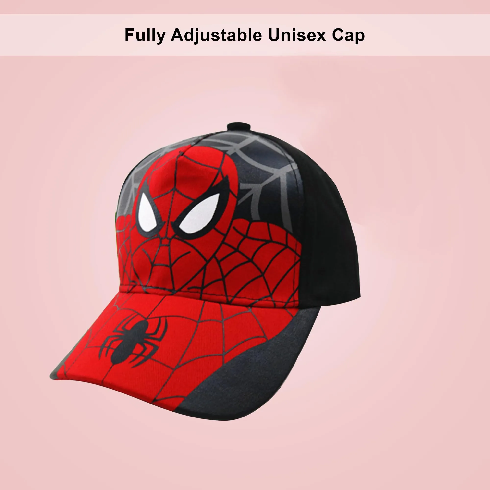 Homestic Spiderman Cap | Adjustable Cap for Boys and Girls | Cartoon Character Printed Little Cap for Kids | Cap for 7-12 Year Old Baby Girls and Boys | T8103-B | Black & Red