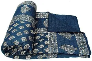 HOMOBITE World Famous Jaipuri Light Weight Pure Cotton Traditional Rajasthani Print White Colour Double Bed Quilt/Razai/Rajai (Blue Dai Gold, Double)