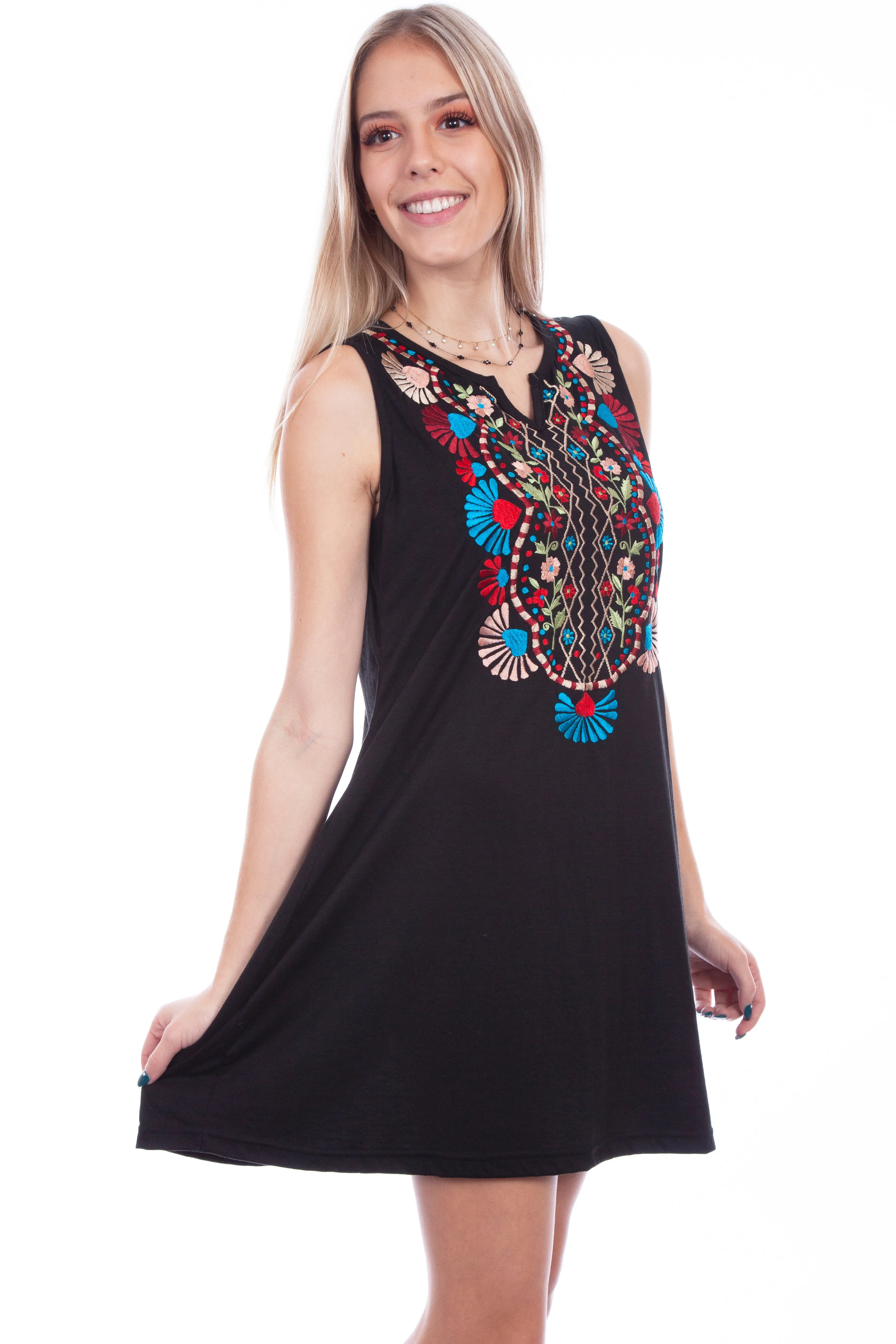 Honey creek black short dress w/embroidery