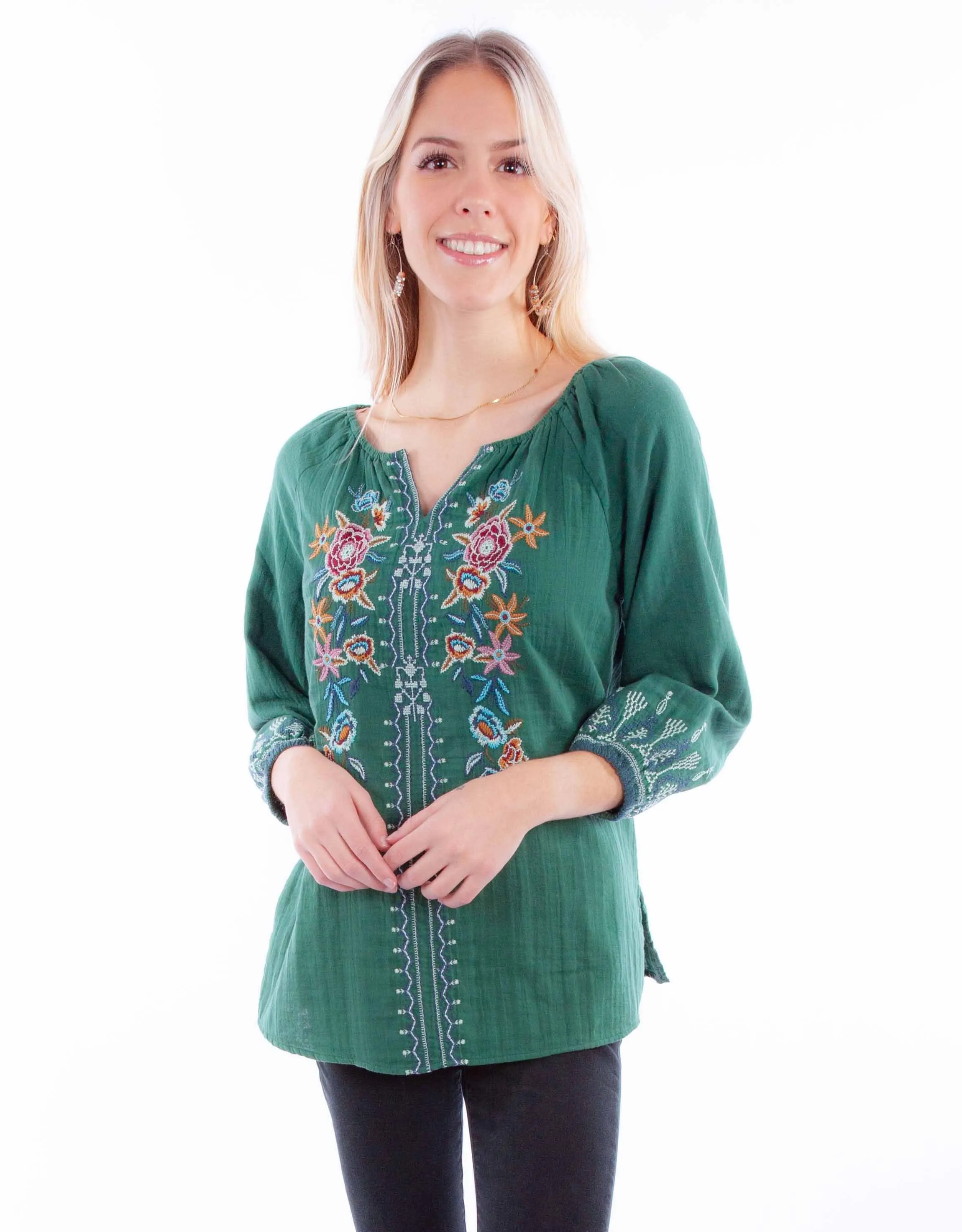 Honey creek jade pullover tie front emb. Blouse