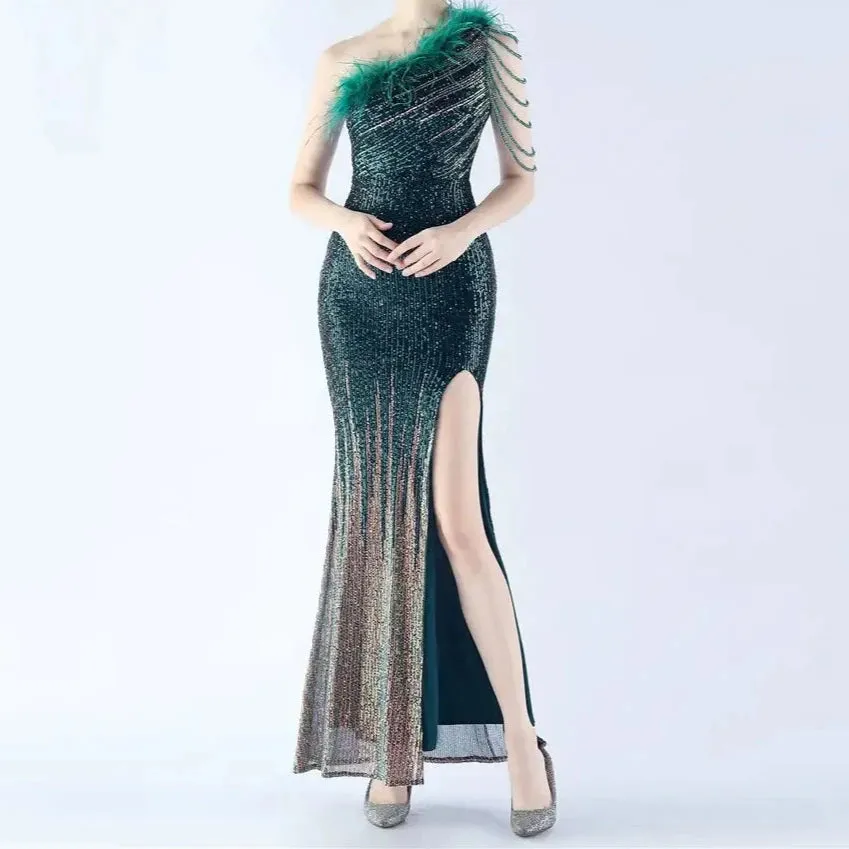 Honey One Shoulder Ombre Sequins Evening Dress