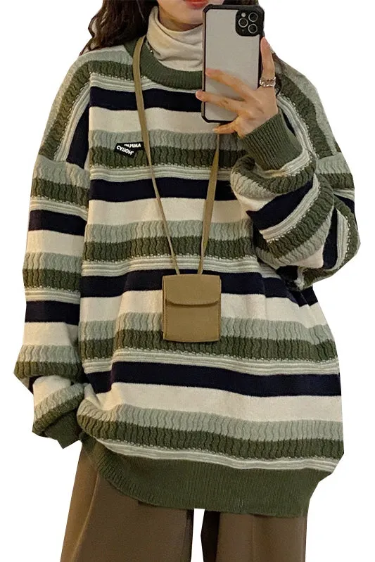 Hong Kong Style Striped Slouchy Round Neck Pullover Knit Sweater