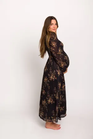 Honor Floral Smocked Woven Maxi Dress in Black - Bump Friendly