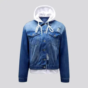 Hooded medium-wash jeans jacket for women