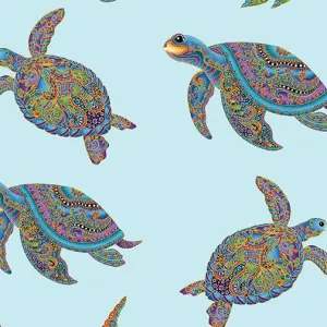 Hooked Fish-Sea Turtles Light Turquoise