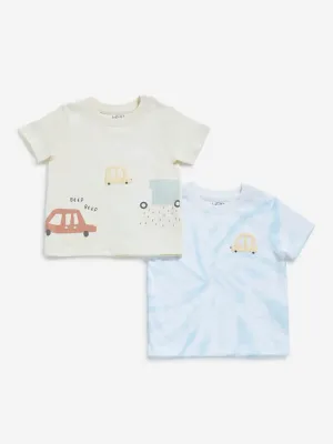 HOP Baby Beige & Blue Tie-Dye Printed T-Shirts - Pack of 2