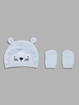 HOP Baby Blue Hedgehog Embroidered Hat and Mitten Set