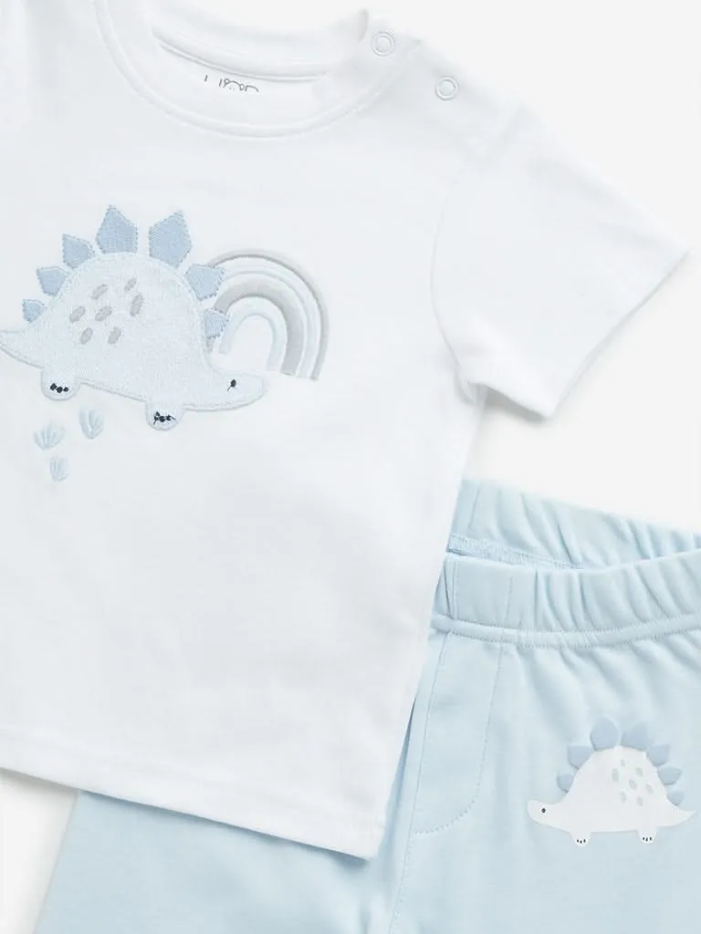 HOP Baby Light Blue Dinosaur Printed Cotton T-Shirt with Pants Set