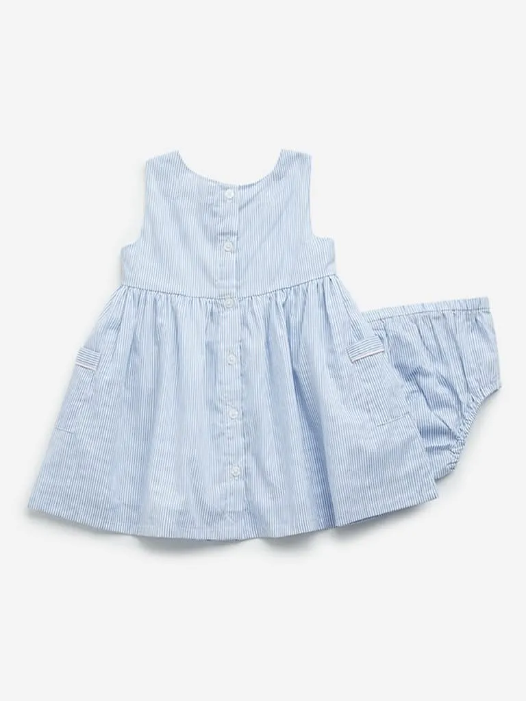 HOP Baby Light Blue Striped A-Line Cotton Dress with Shorts Set