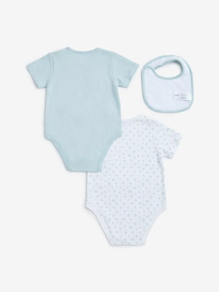 HOP Baby Light Sage Printed Rompers & Bib Set - Pack of 2